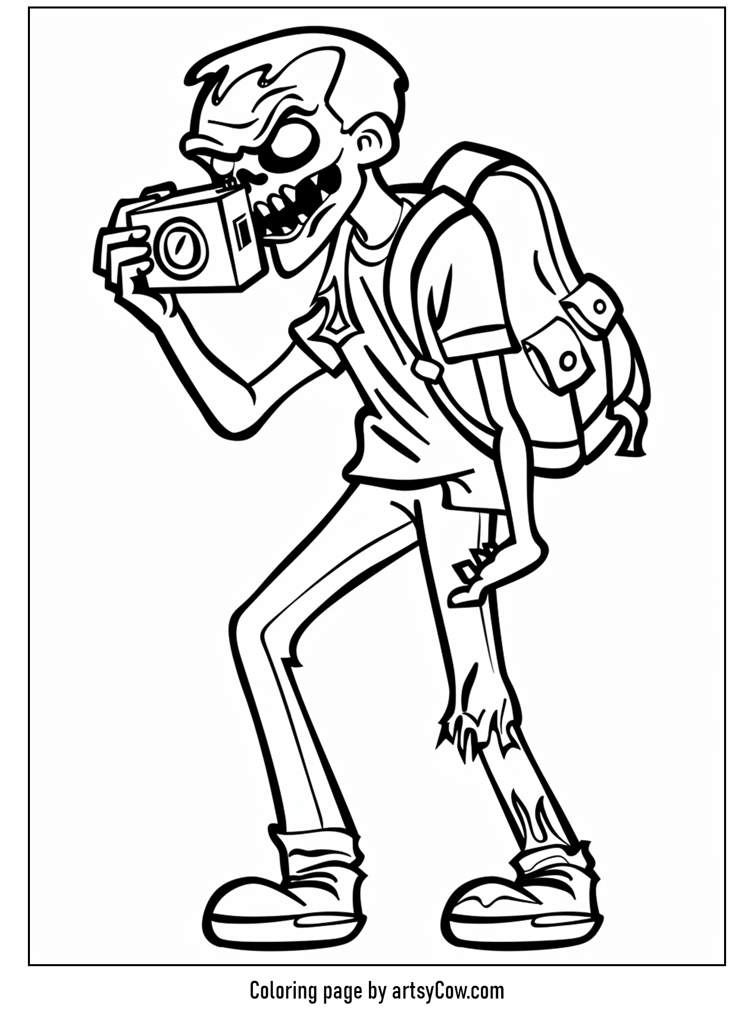 free halloween coloring pages for kids and adults, depicting a lively zombie enthusiastically taking photos with a camera, complete with torn clothes and a backpack.